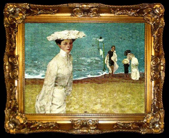 framed  unknow artist woman in white on a beach, ta009-2